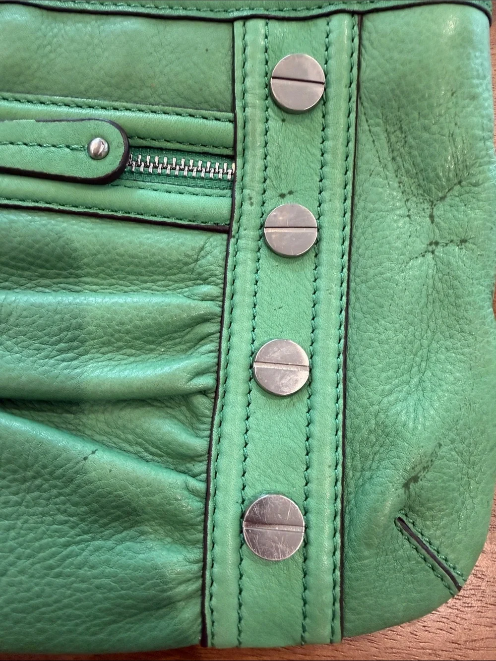 b. makowsky Green Leather Crossbody Bag with Silver Studs